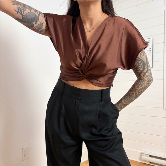 House of Harlow 1960 Tops - House of Harlow 1960 brown satin knotted top